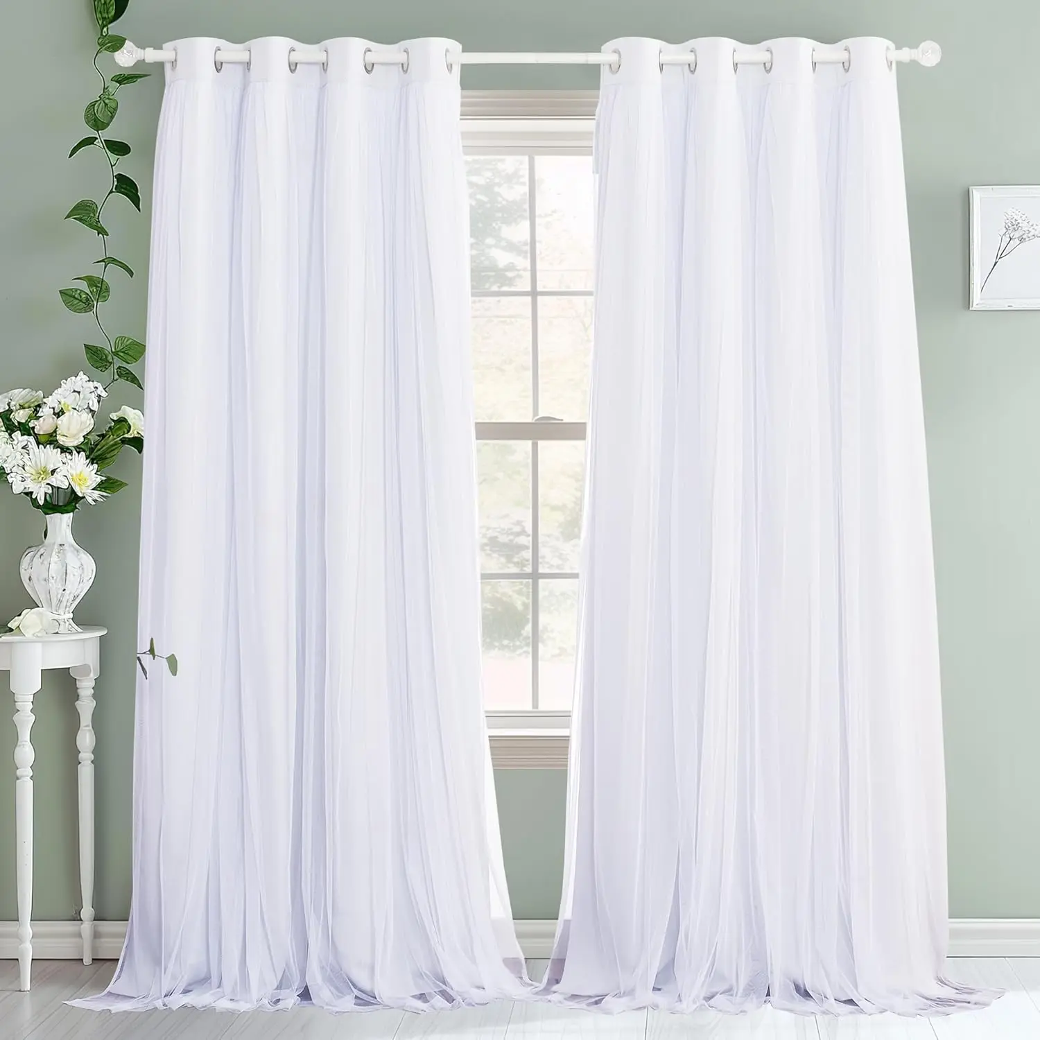 Bedroom Curtains 63 Inch Length - Sheer Overlay Blackout Curtains, 52 inches Wide, Window  Panels, Cortinas De Sala Elegantes (Winter White, Set of 2, with Extra Tie-Backs)