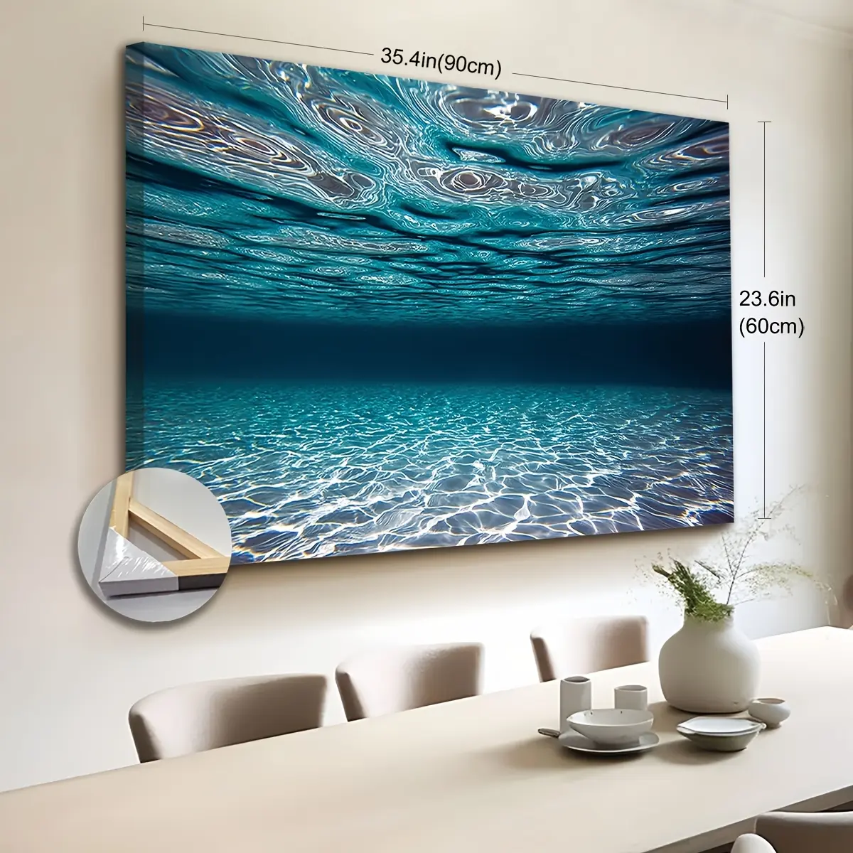 1pc Artistic Framed Print - 1-Piece Extra Large Underwater Ocean Canvas Wall Art with Turquoise Blue & White Wave Pattern, Hangable Modern Marine Decor for Living Room Coastal Home Nautical Beach House Office