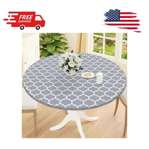 Round Picnic Tablecloth, Waterproof Elastic Fitted Table Covers for 45" - 56", Grey & White