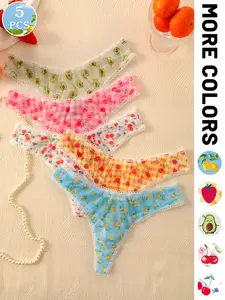 5-Pack Fruit Print Mesh Thong Briefs, Low Waist Breathable Comfort Women's Daily Underwear, Soft Comfy Panties, Cute Fitted Style for All Seasons