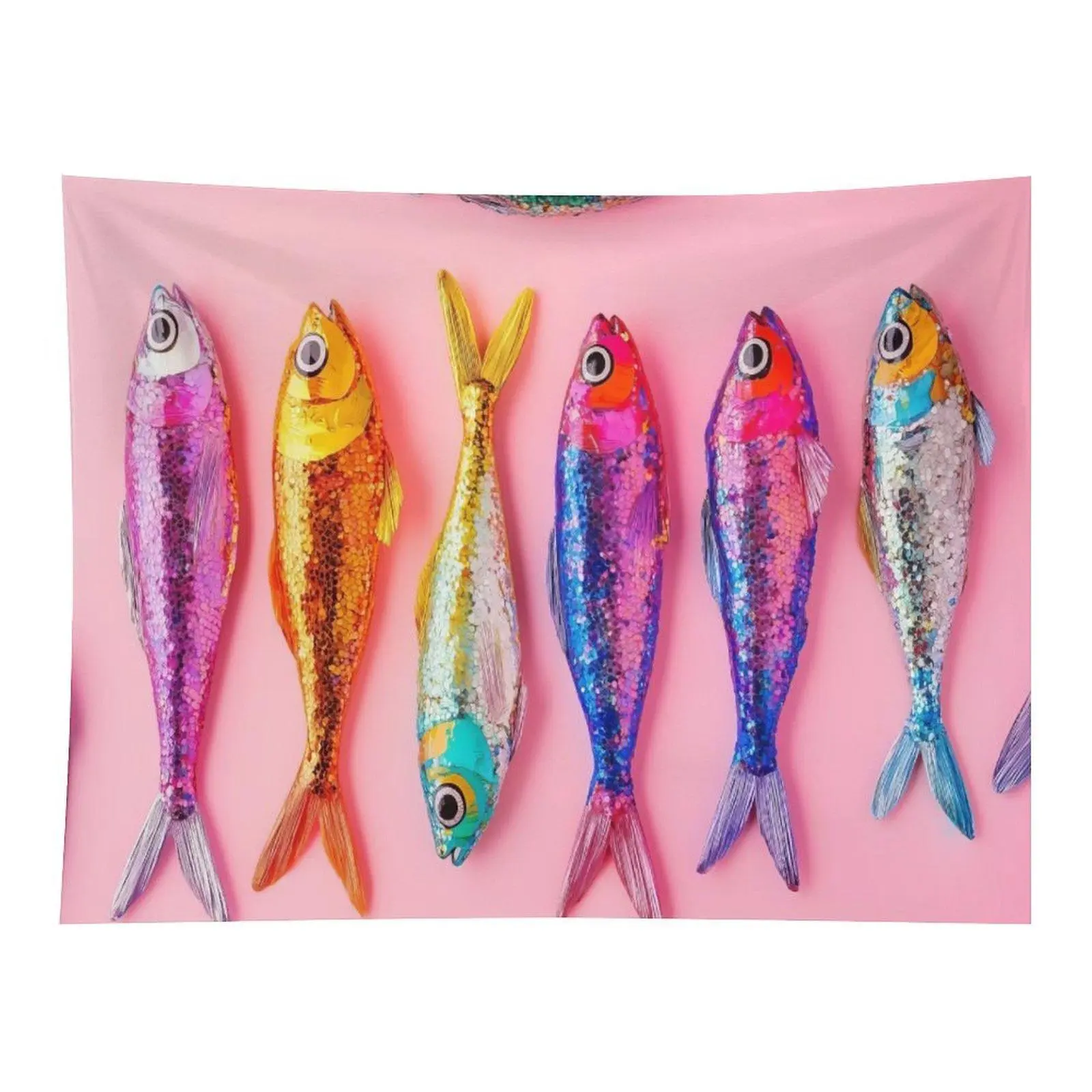 Pink Background Colorful Sequin Fish Disco Ball Party Wall Tapestry Wall Hanging, Y2K Sparkly Shiny Fish Cute Preppy Seamless Pattern Decor for Coquette Girls Bedroom Dorm Vanity Backdrop