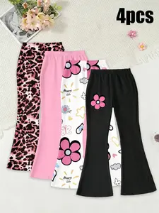 Four-Pack Girls' Elastic Waist Flared Pants, Soft Non-Irritating Fabric, Wide Leg Design, All-Day Comfort, Casual Style