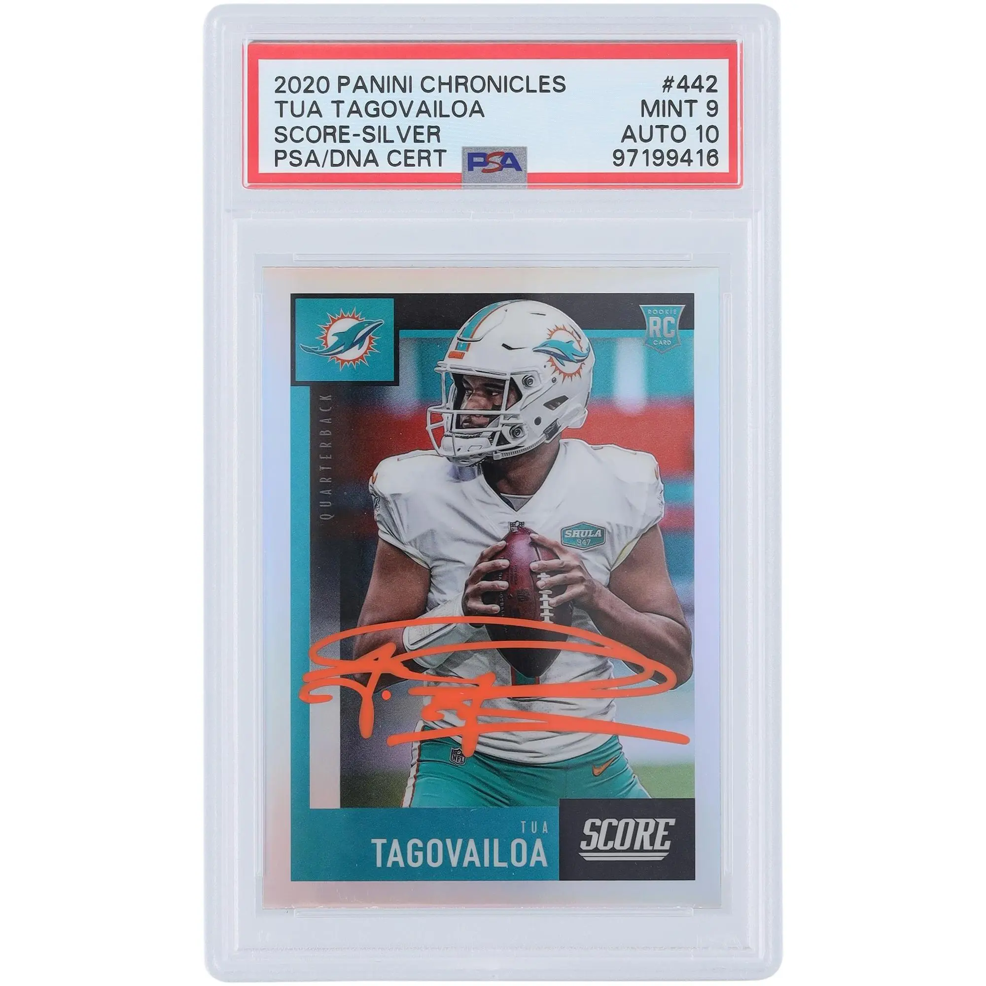 Tua Tagovailoa Miami Dolphins Autographed 2020 Panini Chronicles Score Silver Prizm Orange Ink #442 PSA Authenticated 9/10 Rookie Card - Fanatics Authentic Certified