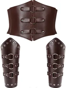 3 Piece Set Medieval Knight PU Leather Wide Belt and Wristband, Perfect for Renaissance Viking Market Halloween Larp Role Play Costume Accessories, Cosplay