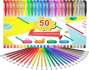 Gel Pens, 50 Pack Gel Pen Set 25 Colored Gel Pen with 25 Refills for Coloring Books Drawing Doodling Crafts Scrapbooking