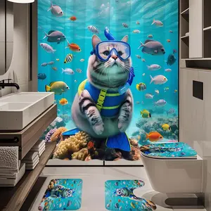 1/4pc diving cat pattern bathroom set, The 4-piece set includes a single shower curtain, anti slip floor mat, toilet U-shaped mat, toilet lid mat, with shower curtain hook, and belongs to bathroom decoration products