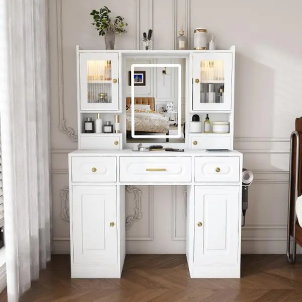[Bellemave]Large Vanity Table Set Makeup Vanity Dressing Table with Mirror, 6 Drawers & Shelves, With power socket, hair dryer holder, cabinet light,Dresser Desk (old SKU W509P301793)