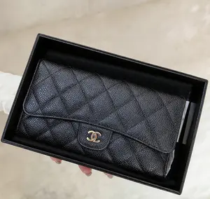 Pre-owned CHANEL Classic Long Flap Wallet, Black Caviar Leather, Silver Hardware