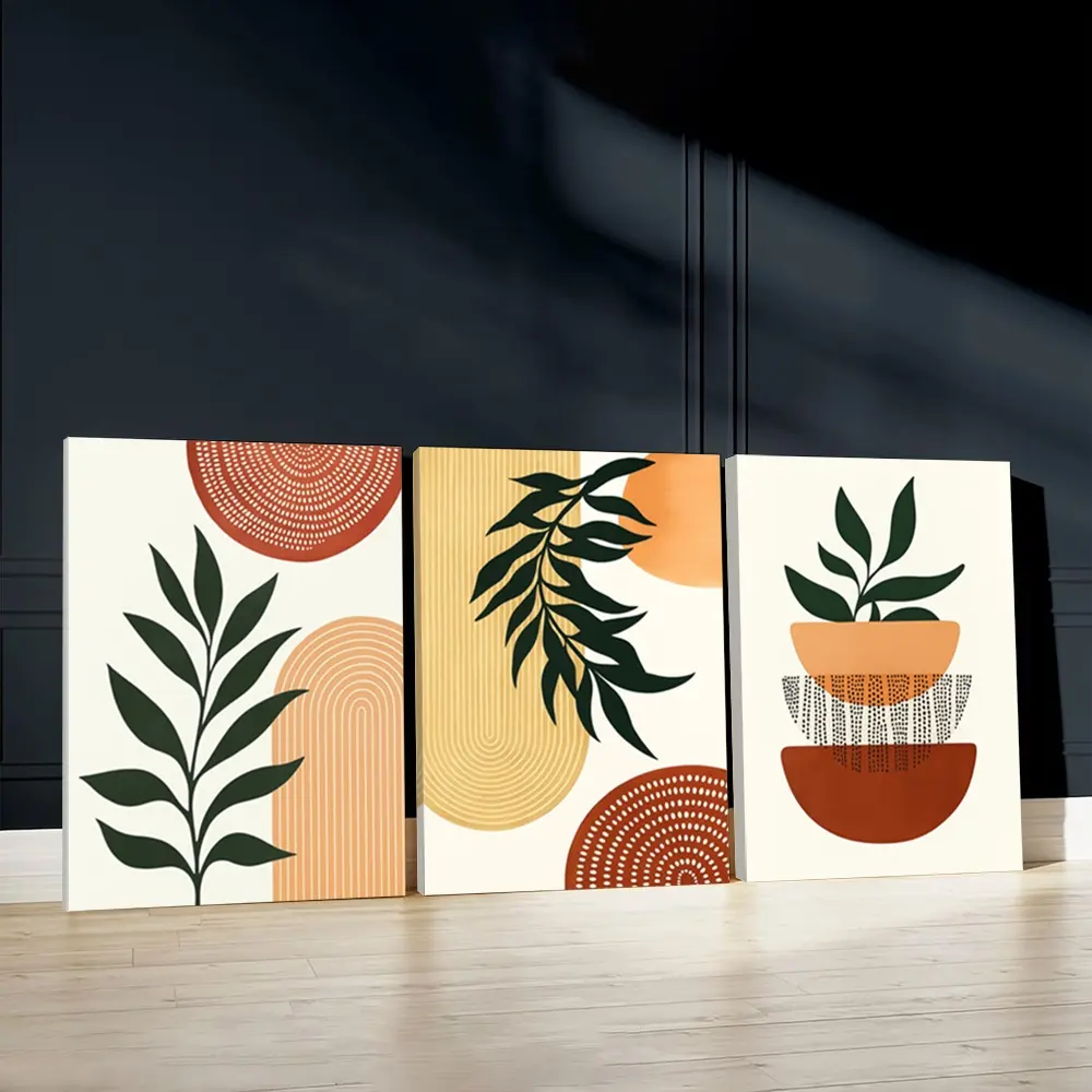3pcs Boho Chic Wall Art, Earthy Tones Poster, Geometric Shapes Art Prints, Minimal Design Home Decor, Modern Wall Paintings, Cozy Canvas Posters Wall Arts, Decor for Living Room, Restaurant, Kitchen, Bedroom, Housewarming Gift, With Frame