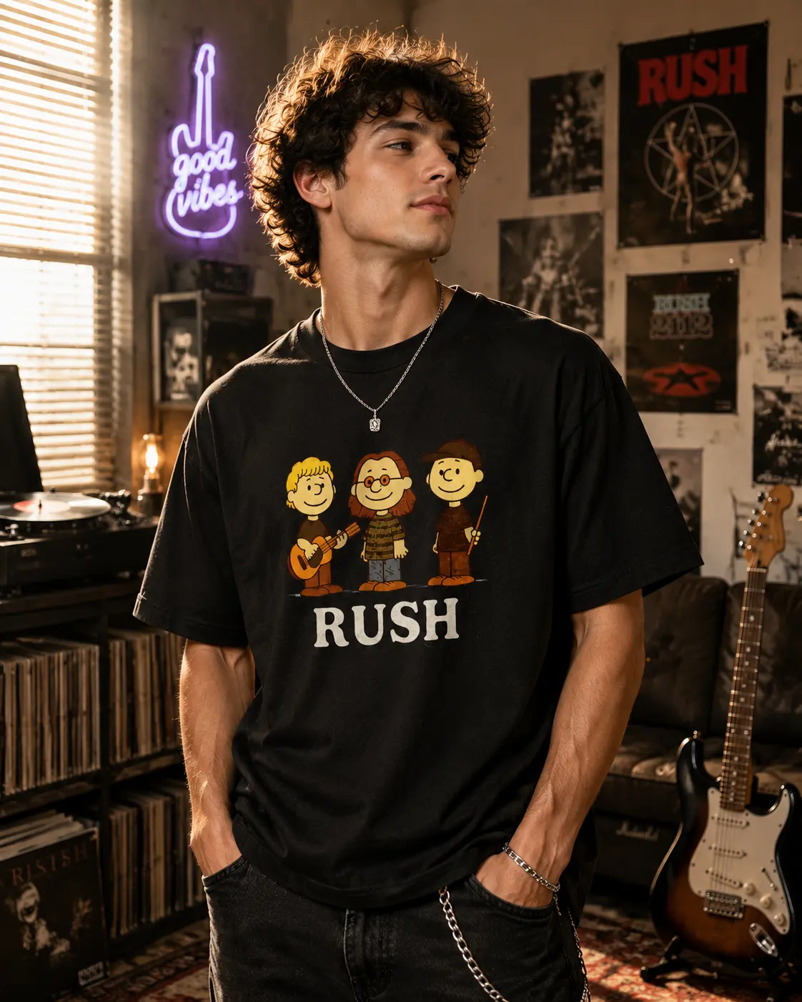 Unisex Band Cartoon Graphic T Shirt, RUSH Music Trio Print Short Sleeve Crew Neck Tee