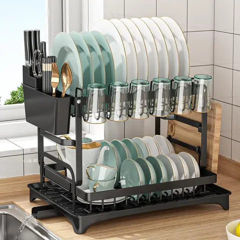 Corrosion Resistant Adjustable Rustproof Metal 2-Layer Dish Drainer Rack with Drainboard, Telescopic Pipe, Utensil Holder, Cup & Bowl Organizer for Kitchen Countertop (Fits Knives, Cutting Boards) - Black Multifunctional Home Storage Rack