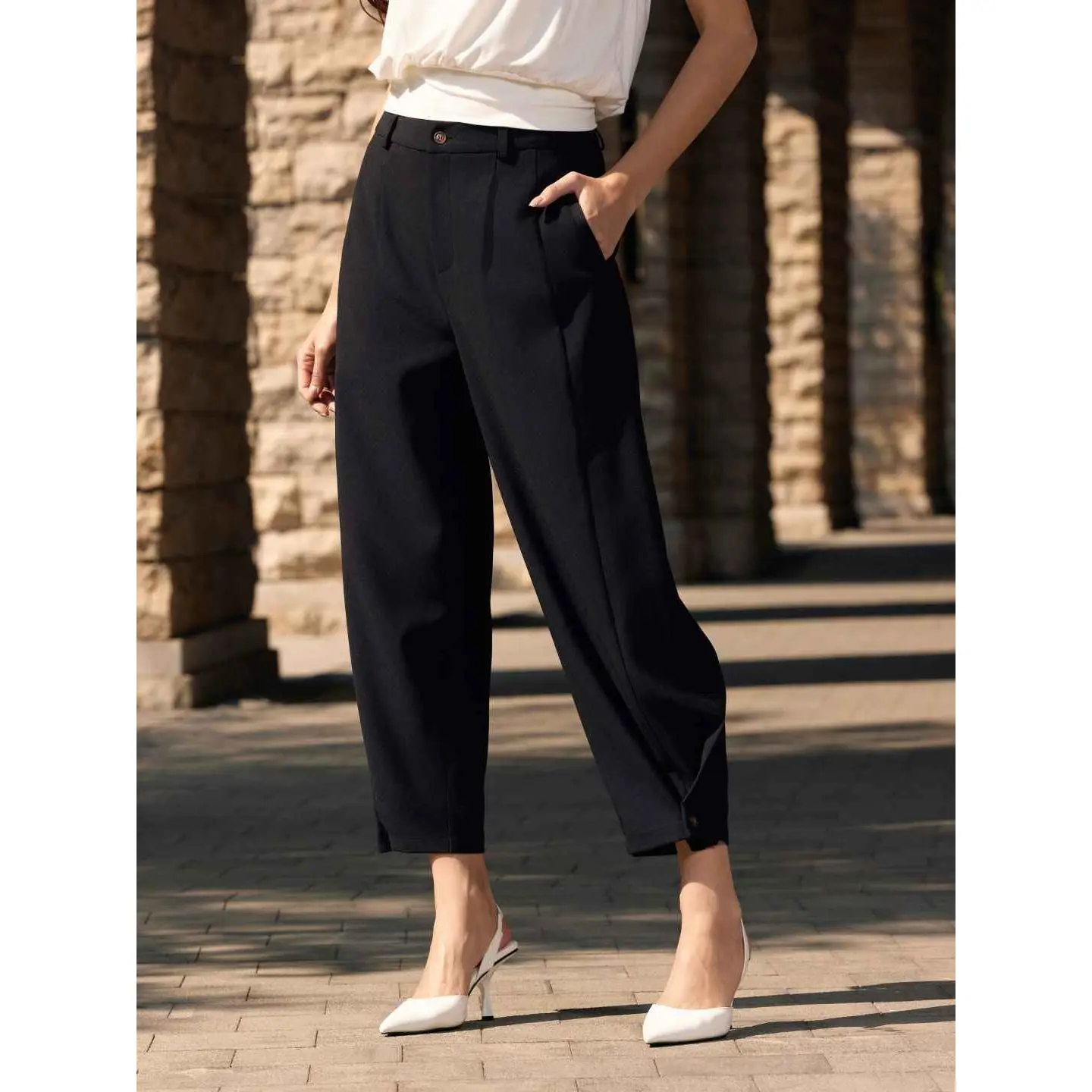 Vinova Womens Barrel Pants Stretchy High Waisted Wide Leg Work Pants Business Casual Outfits 2025