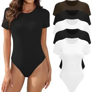 5 Pack Body Suits for Women Short Sleeve Round Neck Casual Stretchy Basic T-Shirt Bodysuit Tops, Comfortable Fabric Shapewear Bodysuit,Tropical Outfit, Skinny and Slimming Tummy Control Body Suit, Jamie Grey Bodysuit Womenswear Ribbed Crewneck Tshirt