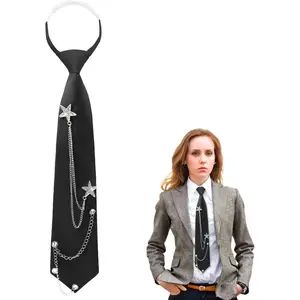 Black Tie for Women Girls Pre-Tied Womens Tie with Metal Chain Accessories Adjustable Necktie for School Shirt