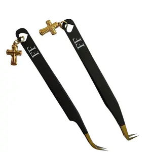 Cross Tweezers with Gold Charm and Initials EF on Black Handle Tool