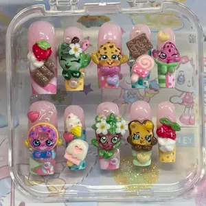 Candy Dessert Pop Press On Nails, 3D Sweet Character Charms, Strawberry & Cherry Treat Details, Pastel Pink Color Mix, Cute Handmade Custom Nails, Kawaii Y2K Playful Aesthetic Set