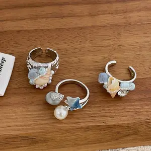 Vintage Beach Vacation Style Handmade Ring – Wide Band Natural Aqua Stone & Shell Statement Ring, Boho Coastal Jewelry