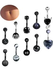 Unique 10 Pcs Black 14G Belly Button Rings Trendy Surgical Steel Black Navel Rings for Women Men Round Shining CZ Belly Button Ring Curved Barbell Skull Hand with Opal Devil Heart Navel Rings Belly Piercing Jewelry Set