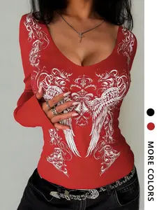 Women's Fall Winter Deep V Neck Wing Print Sequin Long Sleeve Top, Comfortable Knit Fabric, Perfect for Casual Daily Wear, Holidays, Parties