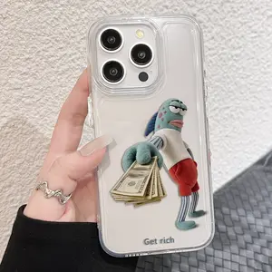 Funny SpongeBob "Get Rich" TPU Smartphone Case, Cartoon Cellphone Accessory for iPhone 11-17, Transparent Handheld AirPods Protective Cover for Android Devices