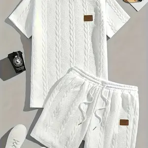 Men's Solid Textured Patched Tee & Drawstring Waist Shorts Set, Regular Fit Round Neck Short Sleeve T-Shirt & Pocket Shorts, Men's Summer Casual Outfit Set