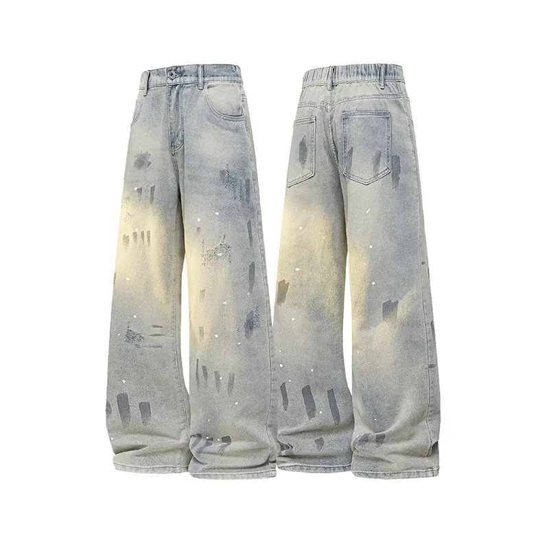 Men's Vintage Distressed Wide Leg Jeans, Loose Fit Paint Splatter Denim Pants, Y2K Streetwear Baggy Jeans with Pockets