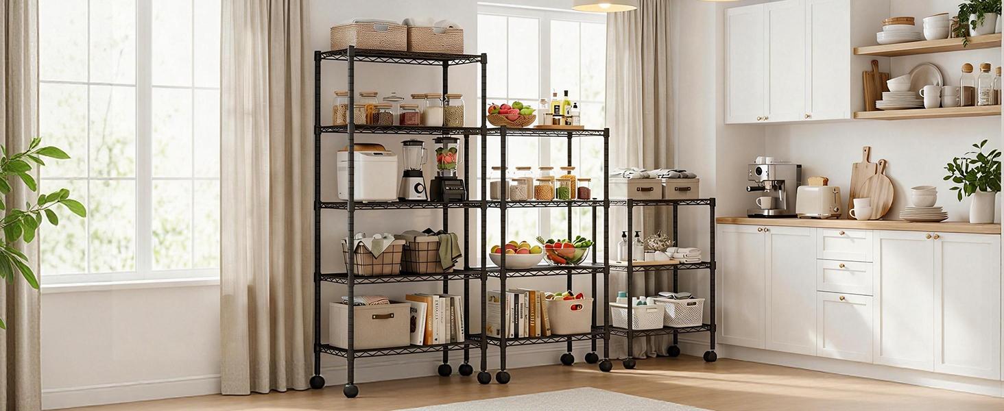 Sweetcrispy Store Durable Metal Steel Frame Rectangle Wire Shelf Unit (3-Layer/4-Tier/5-Tier) with Removable Casters, No-Tools Easy Assembly Rack for Garage Organization, Bathroom & Kitchen Storage, High Load Capacity