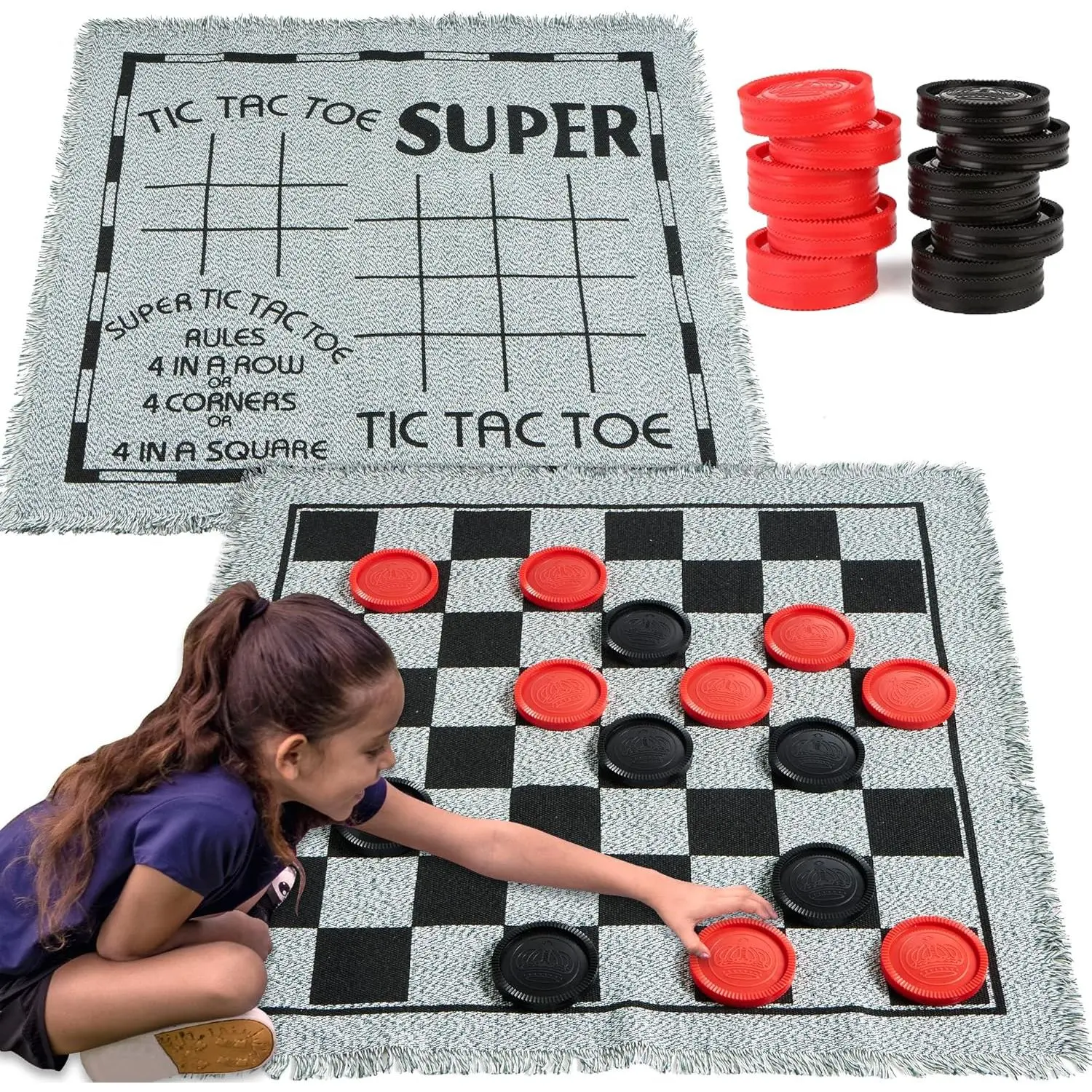 Giant 3-in-1 Game Set for Family, Vintage Checkers and Tic-Tac-Toe with 24 Chips and Reversible Mat for Indoor & Outdoor Classical Recreation, Classical Indoor Recreation