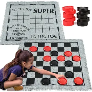 3-in-1 Vintage Giant Checkers-Tic-Tac-Toe Game with Reversible Mat and 24 Chips, Family Indoor-Outdoor Lawn Activity, BBQ Party Favor for Kids and Adults