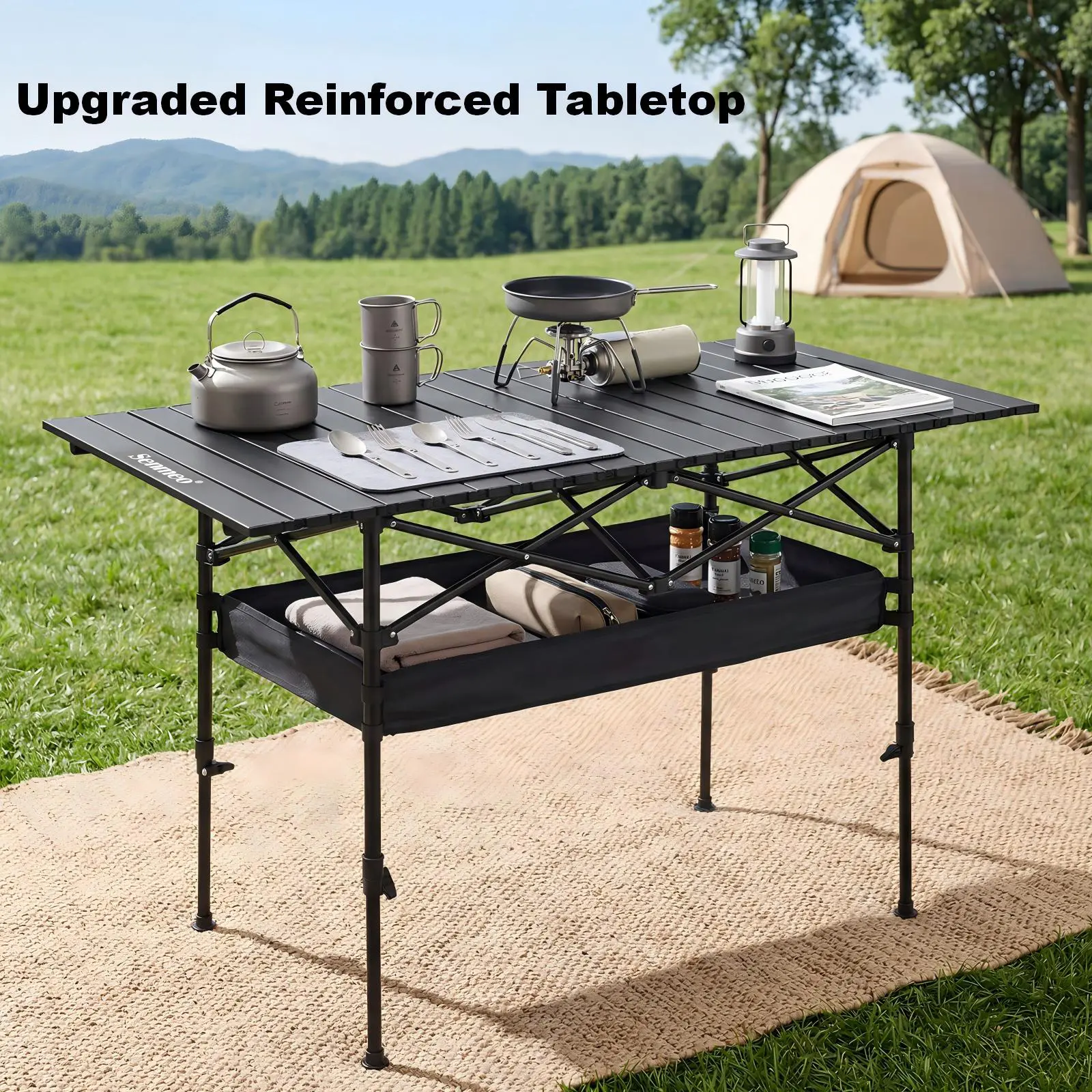 Senmeo Portable Folding Outdoor Picnic Table - Sturdy Heavy-Duty Steel Frame, Ultra-Light Compact Fold, Practical Large Detachable Storage Mesh Basket, Space-Saving Camping Furniture for Outdoor Events