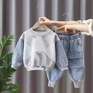Boys' Sweatshirt Set Spring & Autumn New Stylish Kids' Sportswear Denim Patchwork Fall Casual Trendy Spring & Autumn Outfit