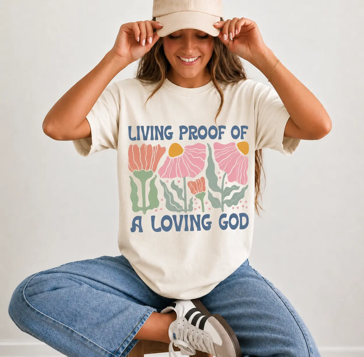 Women's Casual Crew Neck Tshirt, Retro 70s Floral Graphic Short Sleeve Top in Garment-Dyed Cotton, Oversized Inspirational Christian Style, Fit, Pepper