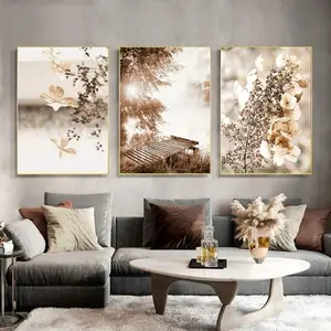 3 Pieces Optional Wooden Frame Modern Artistic Landscape Picture Canvas Painting Wall Art Autumn Flower Grass Poster Print Home Living Room Wall Decor Picture Autumn Decor Decor House Aesthetic