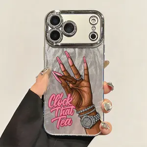 Fashion Hand and Clock That Tea Text Pattern Phone Case for iPhone 17 Pro Max 17Air 16 Plus 15 14 13 12 11 Fashionable Silver Brushed Texture Shockproof Protective Casing Cover