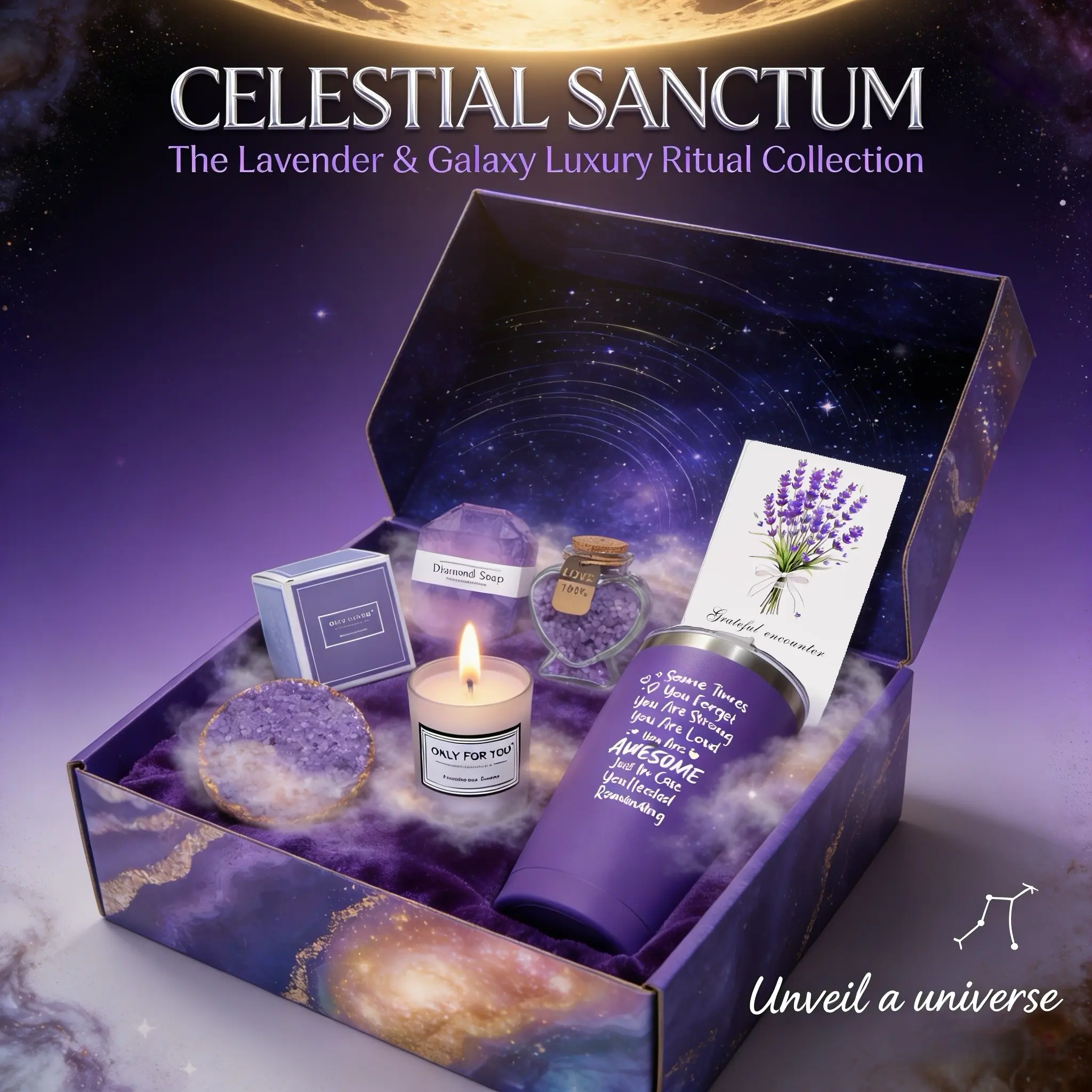 [fathers day gift] Luxury Self-Care Spa Gift Basket for Her, Bath Salt, Bath Bombs, Candle, Mug in Crystal-Themed Box, Perfect Gift for Women