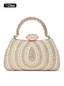 Luxurious Rhinestone Pearl Evening Bag, Elegant Box Clutch with Crystal Handle, Floral Lock, Shoulder Strap, Party Wedding Easter Graduation