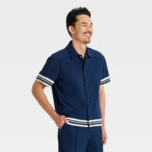 Men's Modern Sport Short Sleeve Collared Snap Front Shirt - Goodfellow & Co Dark Blue M