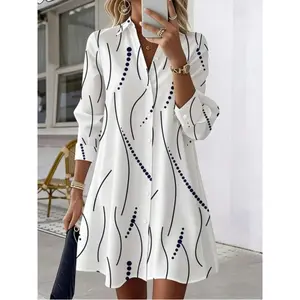 Elegant women's collared shirt dress, suitable for office and party occasions, suitable for all seasons, white holiday spring style