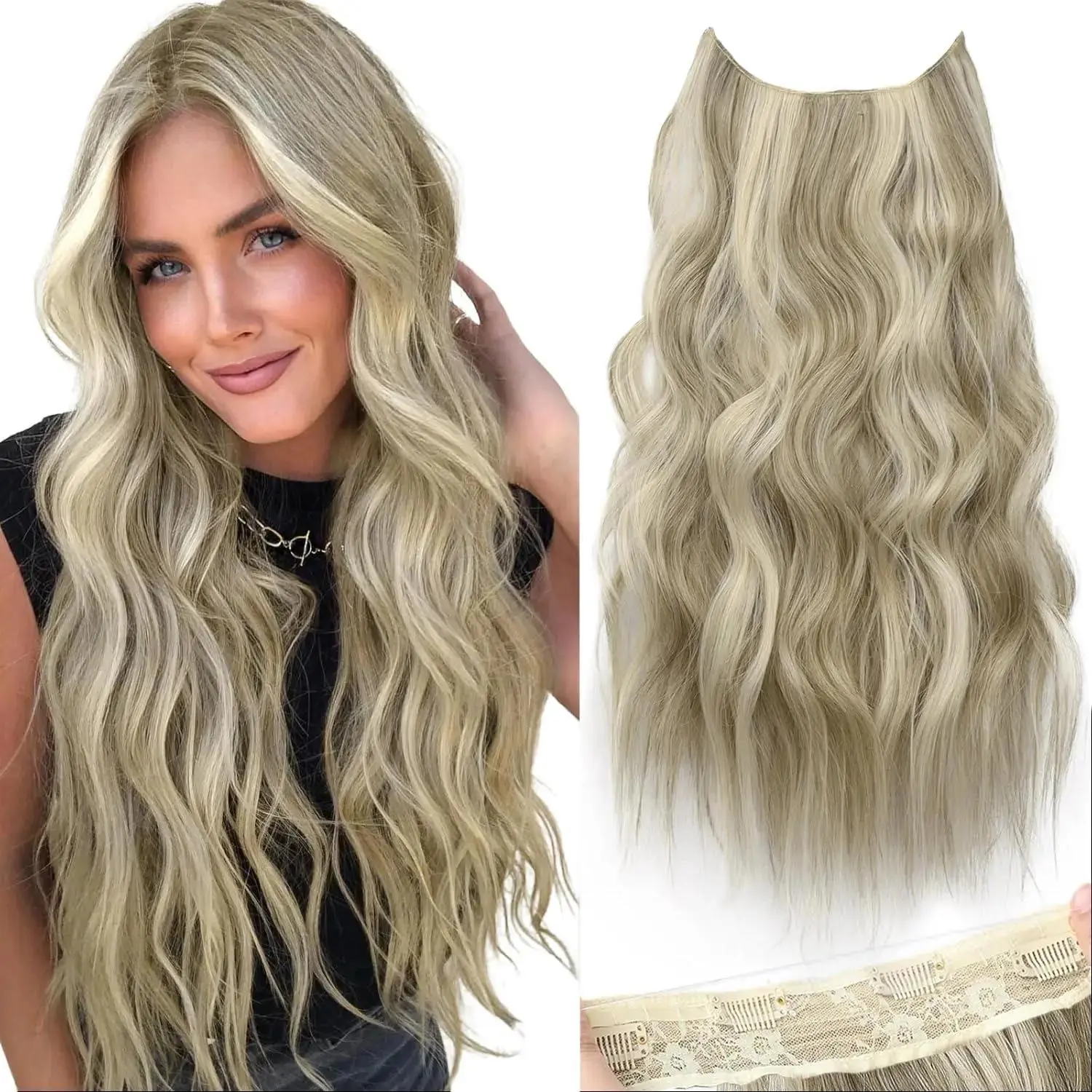 AISI HAIR Curly Honey Blonde Wavy Synthetic Clip Hair Extensions, Invisible Wire with Transparent Headband, Adjustable Size 4, Secure Clips, Heat Resistant Women's Hairpiece