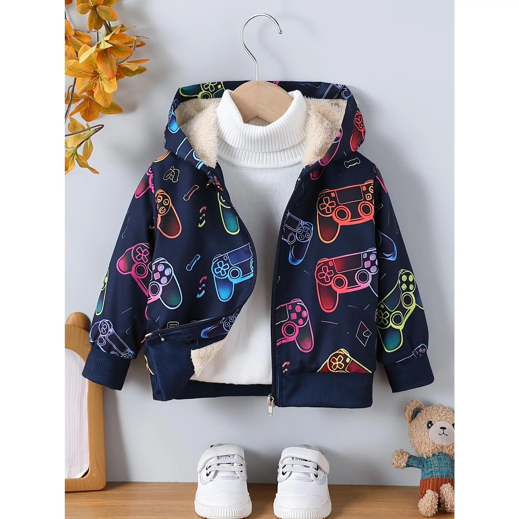 Baby Boy's Cute Cartoon Dinosaurs Winter Coat with Zip-Up Hood, Polyester Elastane Fabric, Loose Fit, Machine Washable, Zippered Front, 0 - 3 Years
