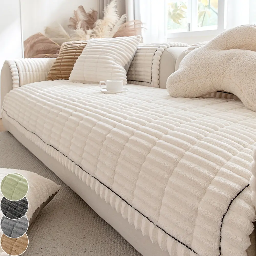 Thickened Striped Sofa Cover, Dustproof Sofa Cover, Sofa Slipcover, Soft Sofa Protector, Pure Color Plush Cushion, All-Season Pet-Friendly, Anti-Slip Protective Pad, Reusable Couch Protector, Suitable for All Sofas