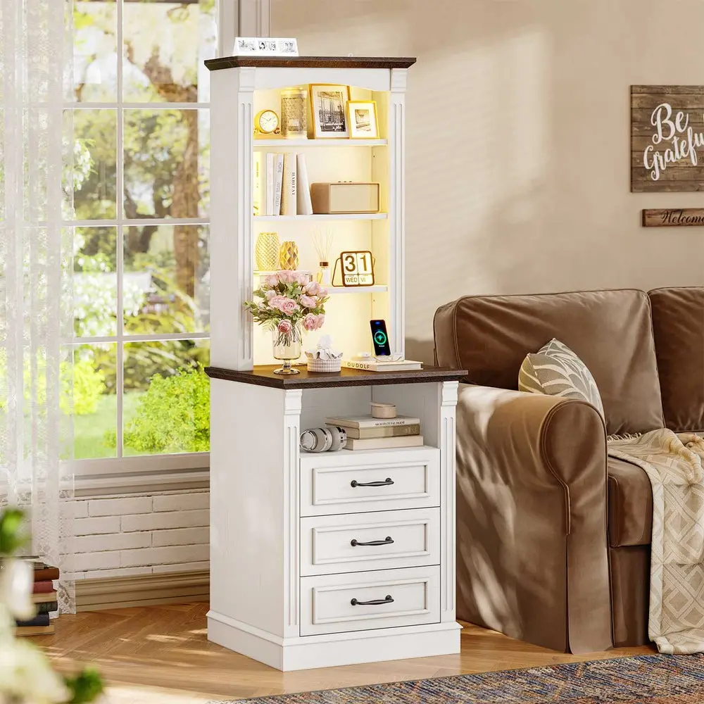 Sikaic 61 Inch Tall Nightstand with Charging Station and LED Lights, Farmhouse Bedside Table with 3 Drawers and Adjustable Bookshelf