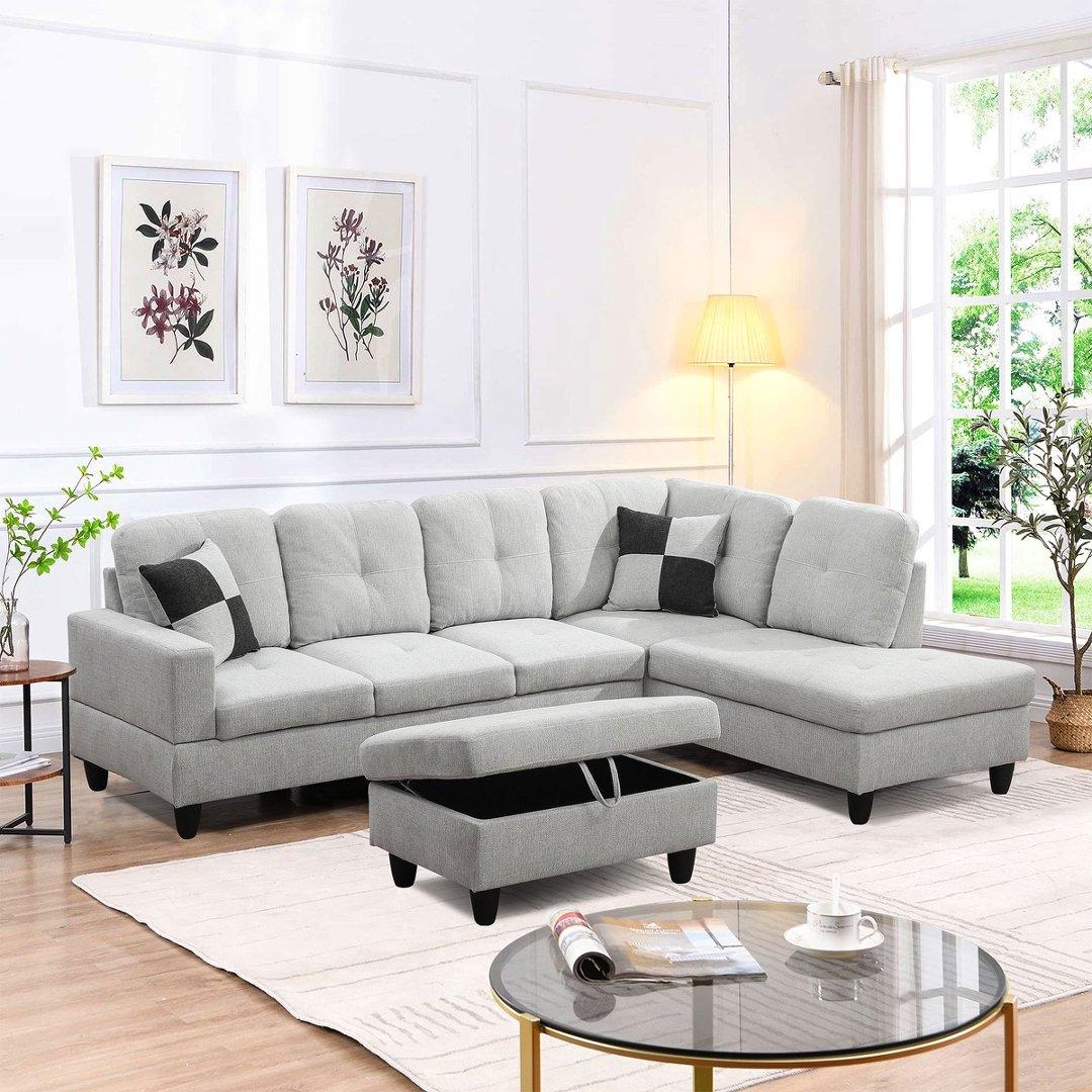 Light Grey Flannel 3-Piece Couch Living Room Sofa Set