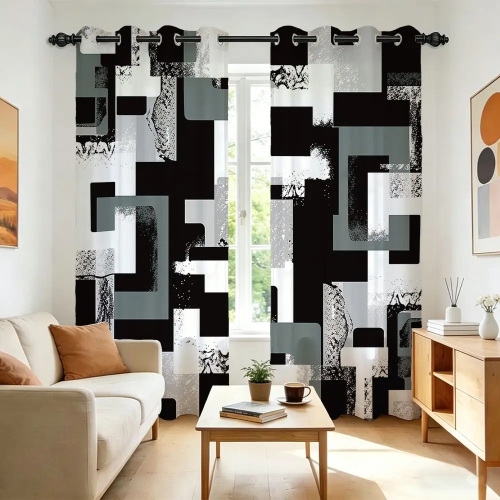 Blackout Black Grey Abstract Geometric Curtains, Light Blocking Grunge Splatter Art Window Drapes for Bedroom Living Room,  Bedroom, and Office,Twith Grommet Top 2 Panels Curtain For Windows