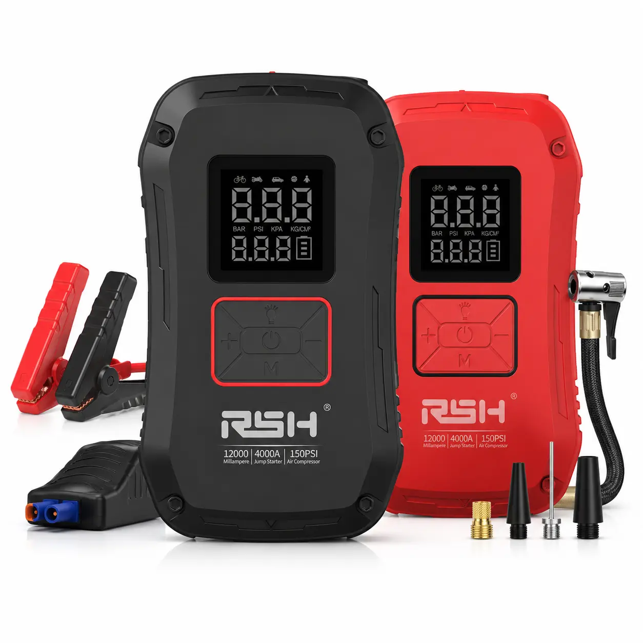 RSH Portable Automotive 12V Cordless Car Jump Starter with 4000A Lithium-Ion Batteries, 150PSI Fast Tire Inflation, 12000mAh Power Bank, LED Light