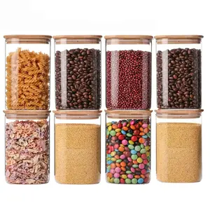 Glass Storage Jars Set, Bamboo Lid Kitchen Organizer, Stackable Containers for Coffee Spices Grains Candies Cookies Pasta