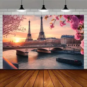 1pc Paris Eiffel Tower Sunset Backdrop with Pink Blossoms - Polyester Photography Background for Weddings, Birthdays, Anniversaries, and Home Decor Party Banner