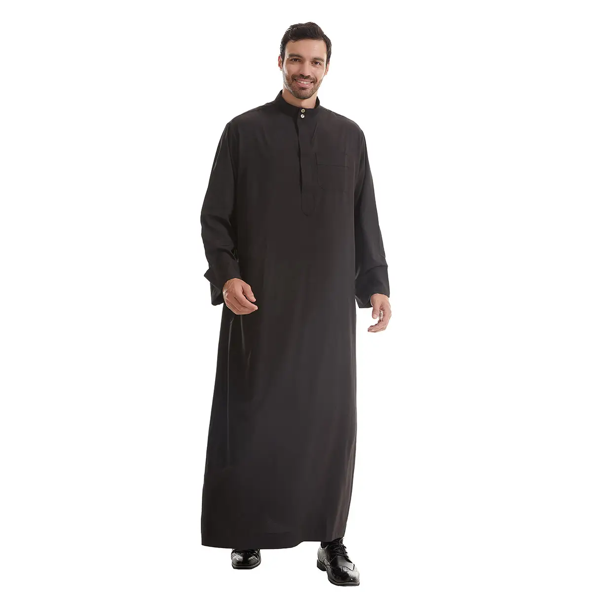 Modest Muslim Robe for Men TH840 Stand-Up Collar Button Design Oversized Loose Fit Solid Black Woven Polyester Ethnic Middle Eastern Clothing Mens Tho