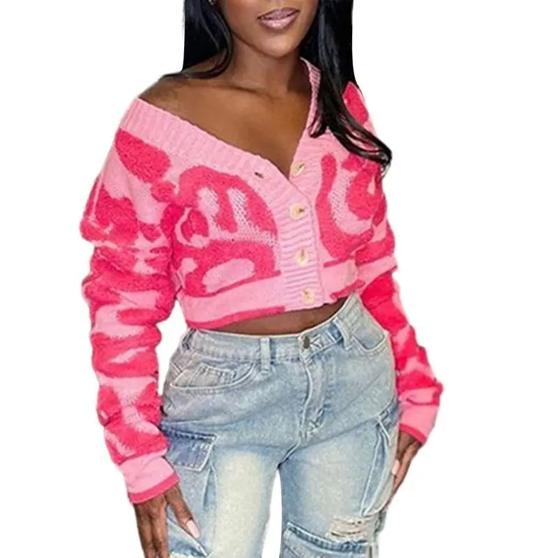 Women Knit Cardigan, Long Sleeve Contrast Color Button Closure Ladies Crop Top Streetwear Fit Knitwear Womenswear Light