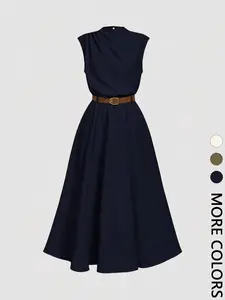 Women's Solid Color Fitted Mid-Length Dress, High Neck One-Side Gathered Sleeveless A-Line Skirt with Belt, Casual Fashion